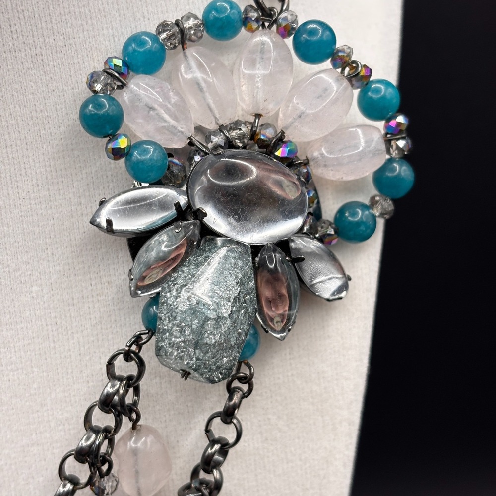 VTG Gunmetal Tone Green Crackle Quartz Style Bib Necklace Multi Chain Statement - Picture 7 of 10